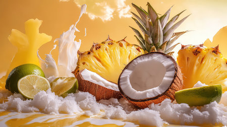 A stunning arrangement of tropical fruits including pineapple, coconut, and lime, accentuated by a splash of cream on a sunny yellow backdrop. Perfect for summer-themed projects.の素材