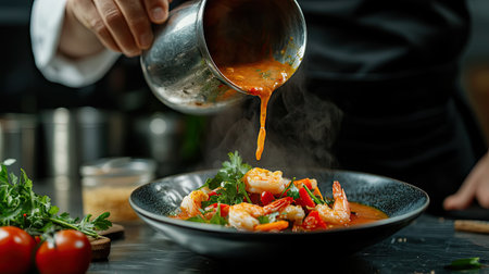 A skilled chef enhances a vibrant shrimp dish by pouring a rich sauce, showcasing culinary artistry with fresh herbs and colorful vegetables in a modern kitchen.の素材