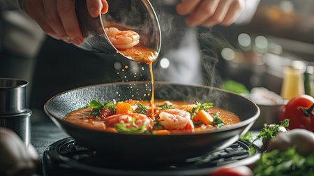 A chef skillfully pours a rich broth over fresh shrimp and colorful vegetables, creating a delicious dish infused with aromatic herbs in a warm kitchen.の素材