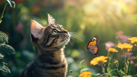 A charming tabby cat curiously watches a vibrant butterfly in a sunny garden, showcasing the beauty of nature and the joy of exploration.の素材