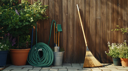 A serene gardening scene featuring essential tools like a broom, hose, and flower pots against a wooden wall. Ideal for gardening enthusiasts.の素材