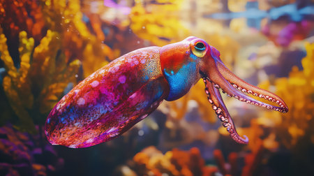 This stunning image captures a vibrant squid gracefully swimming through a colorful coral reef. The rich hues and serene environment highlight the beauty of marine life.の素材