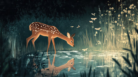 A serene scene captures a fawn drinking from a calm pond at night. The enchanting backdrop features delicate insects and lush greenery, creating a peaceful atmosphere.の素材