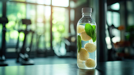 A clear bottle filled with mint-infused water and lemon slices sits on a table in a modern gym, reflecting a commitment to hydration and healthy living.の素材