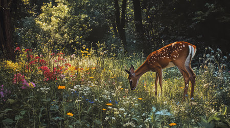 A graceful deer grazes peacefully in a vibrant wildflower meadow, surrounded by lush green trees and gentle sunlight, capturing the beauty of nature.の素材