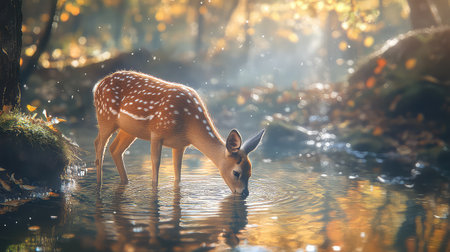 A serene fawn drinking from a clear stream amidst a picturesque autumn forest scene. Soft light filters through trees, creating a tranquil and enchanting atmosphere.の素材