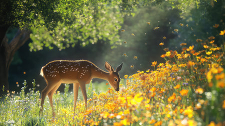 A young deer is seen grazing among colorful wildflowers in a sunlit meadow, creating a serene and tranquil atmosphere in this beautiful natural setting.の素材