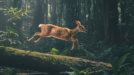 A young deer elegantly leaps over a mossy log in a vibrant forest, showcasing its agility amidst a serene and peaceful natural environment.の素材