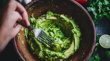 A vibrant bowl of freshly prepared guacamole showcases creamy avocado mixed with herbs and lime, perfect for healthy snacks or gatherings.の素材