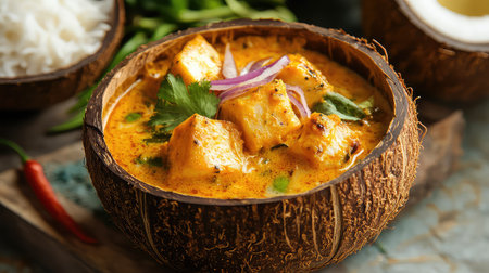 A rich and flavorful vegetarian curry presented in a coconut bowl, featuring fresh herbs and spices, perfect for culinary enthusiasts and food lovers.の素材