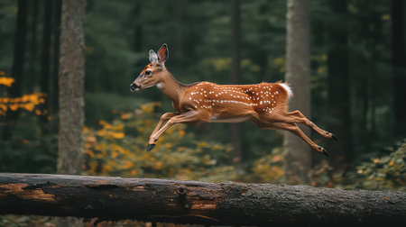A dynamic scene capturing a young deer in mid-leap over a fallen log, set in a peaceful forest filled with greenery and autumn colors.の素材
