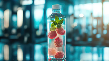 A refreshing water bottle filled with raspberries and mint leaves, creating a vibrant, healthy beverage perfect for summer hydration and wellness.の素材