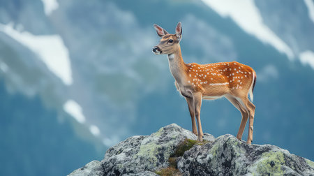 A stunning portrait of a graceful deer standing proudly on a rock in a breathtaking mountainous setting, exuding tranquility and natural beauty.の素材