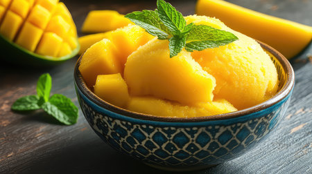 This image features a vibrant mango sorbet topped with fresh mint leaves in a beautifully designed bowl, highlighting a refreshing dessert ideal for summer.の素材