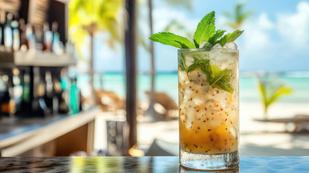 A refreshing cocktail featuring mint and citrus served in a chilled glass filled with ice, set against a stunning beach backdrop for ultimate relaxation.の素材