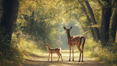 A captivating scene showing a mother doe and her fawn standing together on a forest trail. The golden sunlight filters through the trees, creating a warm, tranquil environment. This image captures the essence of wildlife and nature's beauty.の素材