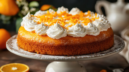 This enticing orange cake is adorned with fluffy whipped cream and orange zest. Plated elegantly on a decorative stand, it is surrounded by fresh oranges and greenery, creating a vibrant and inviting dessert perfect for celebrations and family gatherings.の素材