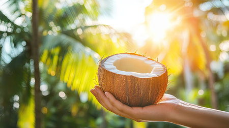 A vibrant hand holds a fresh coconut against a sunlit tropical background, showcasing the beauty of nature and healthy living. Perfect for summer themes.の素材