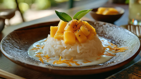 This delightful dessert features creamy coconut rice topped with ripe mango chunks and fresh herbs, served beautifully on a rustic plate. Perfect for summer!の素材