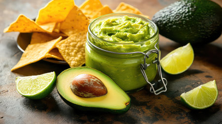 Vibrant jar of fresh guacamole accompanied by crispy tortilla chips and lime wedges on a rustic table. Perfect for snack ideas or gatherings.の素材