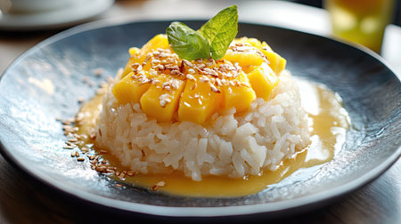 This image features creamy coconut sticky rice topped with ripe mango and drizzled with sweet sauce. Topped with sesame seeds, it creates a vibrant dessert.の素材