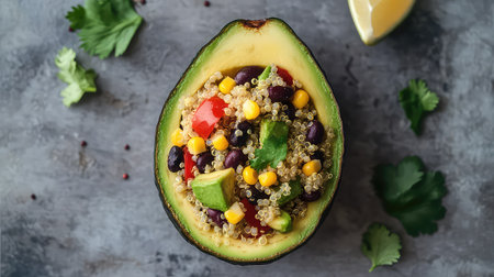 This image features a halved avocado filled with a vibrant quinoa and vegetable salad, showcasing fresh ingredients on a gray backdrop, perfect for food lovers.の素材