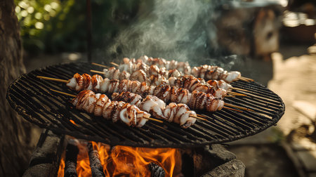 A vibrant scene featuring skewers of seafood grilling on a charcoal barbecue, surrounded by delicious smoke and warm evening light. Perfect for summer gatherings.の素材