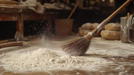A detailed view of flour being swept away in a cozy bakery, showcasing the artisanal charm of baking, with a wooden broom amidst a rustic kitchen setting.の素材