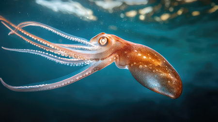 This stunning underwater image captures a squid gracefully gliding through the clear ocean water, showcasing its colorful skin and elegant tentacles.の素材