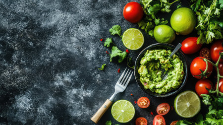 A vibrant arrangement of fresh ingredients for guacamole, featuring avocados, limes, cherry tomatoes, and cilantro on a textured dark surface.の素材