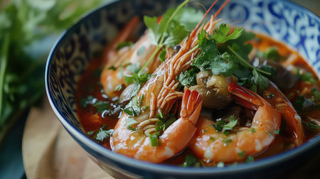This vibrant bowl features fresh shrimp cooked in a spicy broth, garnished with fragrant herbs and colorful vegetables, perfect for food lovers.の素材
