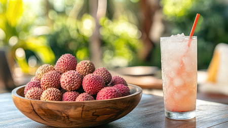 A visually appealing arrangement of fresh lychee fruits in a wooden bowl, accompanied by a refreshing drink in a tall glass, showcases summer vibes and tropical enjoyment.の素材