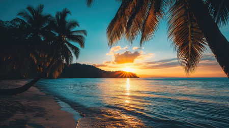 A stunning view of a serene beach at sunset, featuring gentle waves lapping against the shore and silhouettes of palm trees against a vibrant sky.の素材