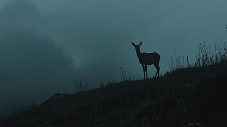 A graceful deer silhouette stands alone against a misty landscape, embodying tranquility and stillness in an ethereal forest setting.の素材