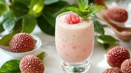 Enjoy a vibrant lychee smoothie topped with fresh mint and raspberries, surrounded by lychees and green leaves, perfect for a refreshing treat.の素材