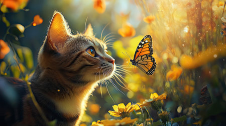 A beautiful scene captures a cat gazing intently at a butterfly amidst vibrant flowers during golden hour, showcasing nature's tranquility and wonder.の素材