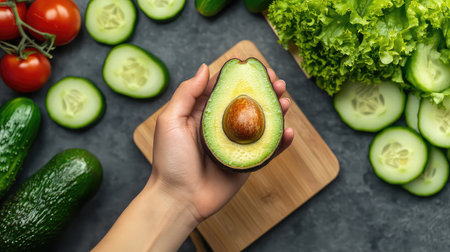 A vibrant image showcasing a halved avocado with a seed, held in a hand. The composition includes fresh vegetables like cucumbers and leafy greens, emphasizing a healthy lifestyle and nutrition.の素材