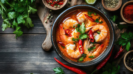 A vibrant bowl of shrimp soup garnished with herbs and chilies rests on a wooden table, showcasing rich colors and tempting textures perfect for any food lover.の素材