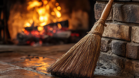 A traditional straw broom rests against a rustic floor near a warm and inviting fireplace, capturing the essence of a cozy living room atmosphere.の素材