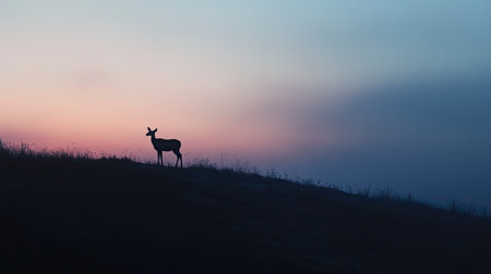 A striking silhouette of a deer stands alone on a hill at dusk, framed by a colorful sky. The serene scene captures the beauty of nature and wildlife.の素材