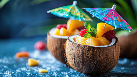 Vibrant tropical fruit dessert served in coconut bowls, adorned with colorful umbrellas and fresh mint. Perfect for summer events and festive gatherings.の素材