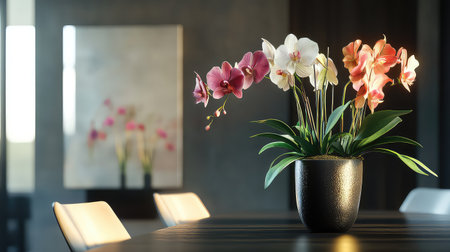 A stunning arrangement of colorful orchids in a sleek black pot brings elegance and freshness to a modern interior. The soft lighting enhances the beauty of the flowers, making this image ideal for home decor and lifestyle themes.の素材