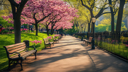 A tranquil pathway lined with blooming cherry trees and benches invites visitors to enjoy the beauty of spring in a peaceful park setting.の素材