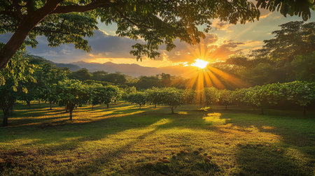 A peaceful vineyard scene at sunset, with vibrant green plants bathed in soft sunlight. Beautiful light rays pierce through the trees, creating an idyllic atmosphere.の素材