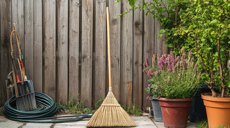 A serene garden scene featuring a broom against a wooden fence, surrounded by various gardening tools and colorful flower pots, ideal for outdoor themes.の素材