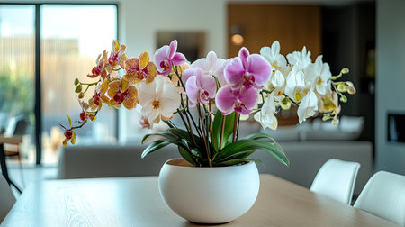 This stunning image showcases a beautiful arrangement of colorful orchids in a modern setting, highlighting natural light and elegant decor elements.の素材