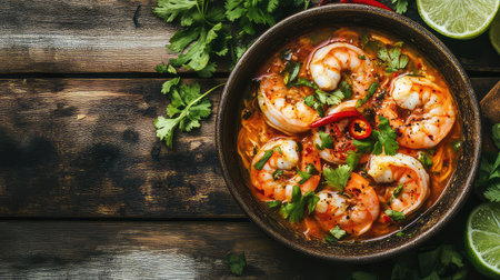 A rich and flavorful shrimp dish garnished with fresh herbs, lime, and red chili peppers, beautifully presented on a rustic wooden table. Perfect for culinary inspiration.の素材
