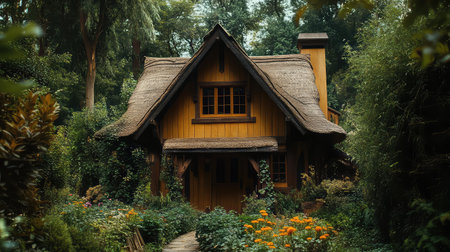 A charming yellow cottage sits nestled amidst vibrant greenery and colorful flowers, creating a picturesque and serene garden scene ideal for peaceful retreats.の素材