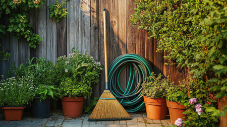 A charming garden corner featuring a broom and a coiled hose next to colorful flower pots, showcasing lush greenery and a rustic wooden fence.の素材
