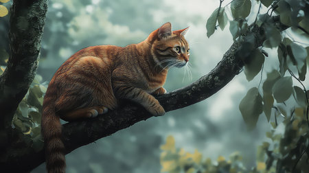 A striking image of a ginger cat resting on a tree branch, set against a backdrop of lush green leaves, embodying tranquility and natural beauty.の素材